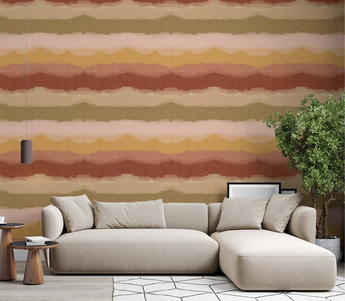 Terracotta ribbons of Relax Sunset Horizon wallpaper drift through a living room.