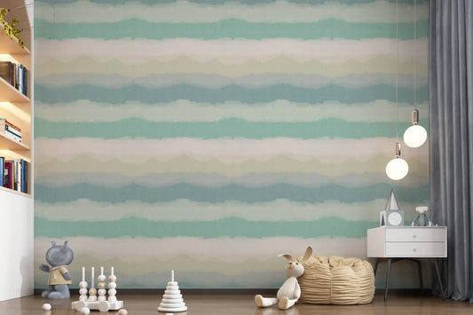 Misty watercolour bands lift behind a Nursery inside the Relax Watery Horizon wallpaper.
