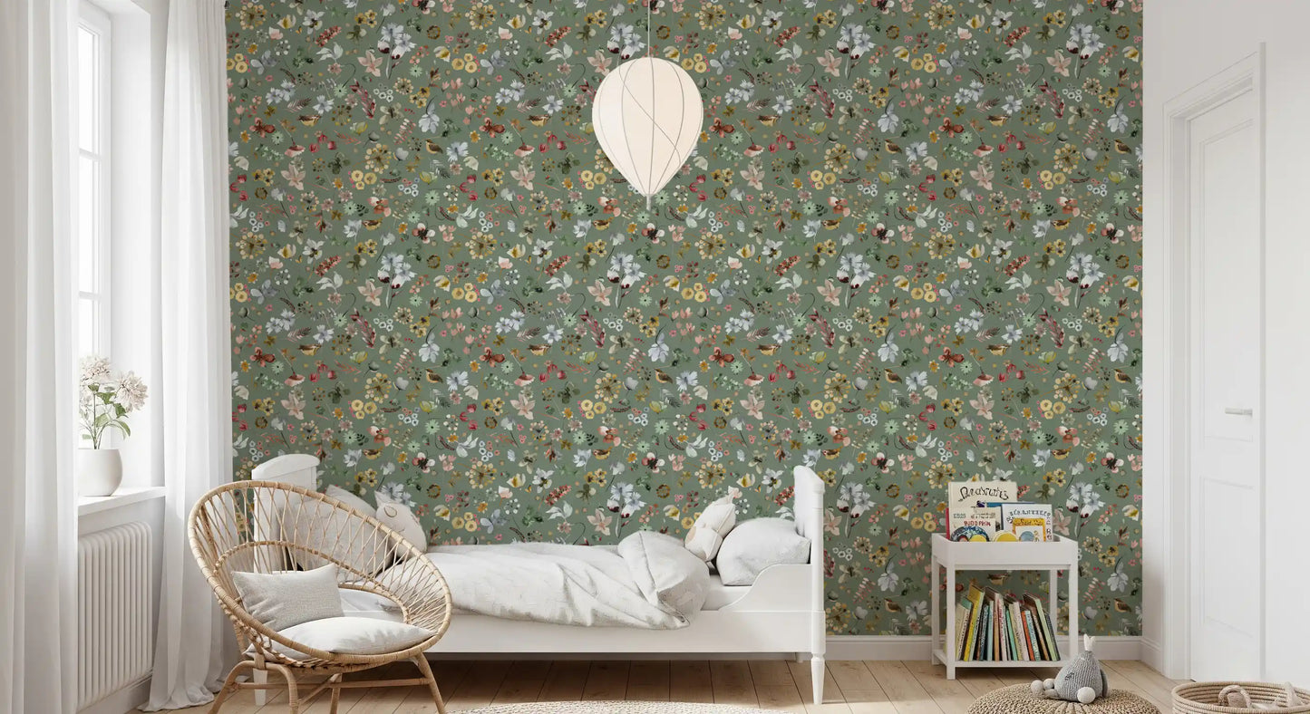 Earthy Woodland Watercolor Jade Green Wallpaper⁠