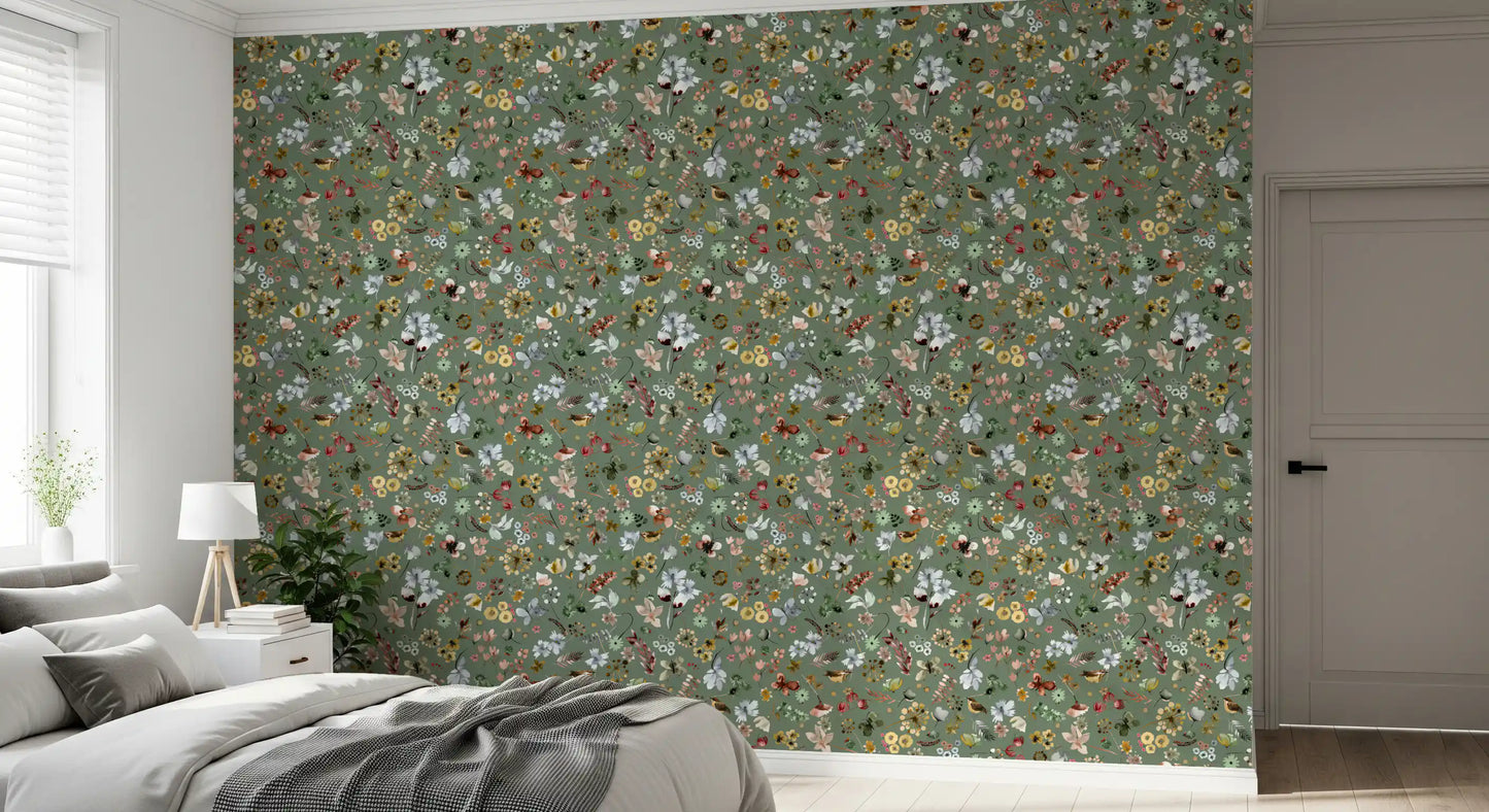 Earthy Woodland Watercolor Jade Green Wallpaper⁠