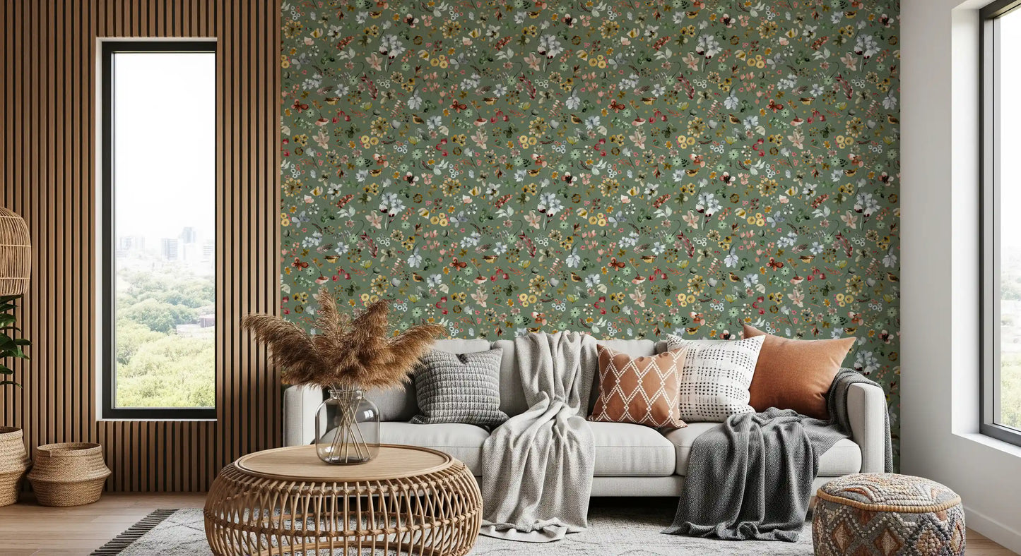 Earthy Woodland Watercolor Jade Green Wallpaper⁠