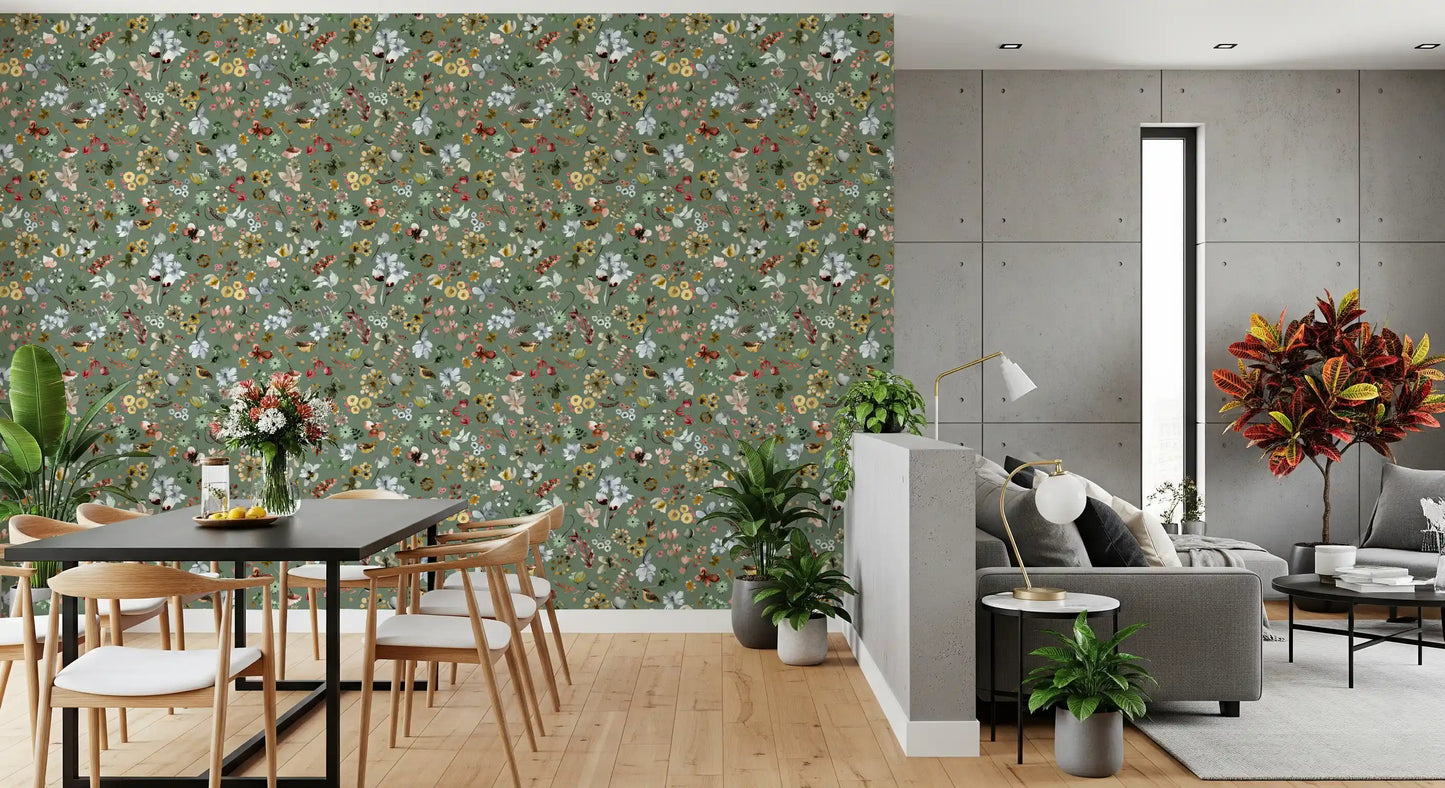 Earthy Woodland Watercolor Jade Green Wallpaper⁠