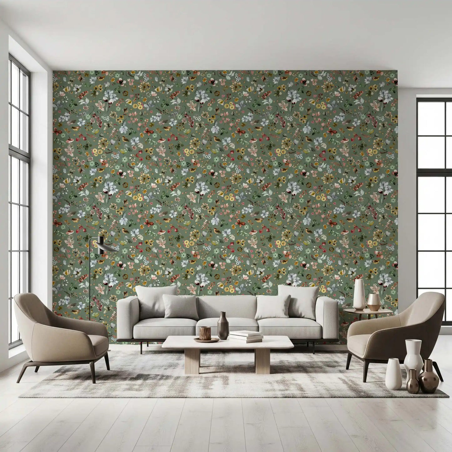Earthy Woodland Watercolor Jade Green Wallpaper⁠