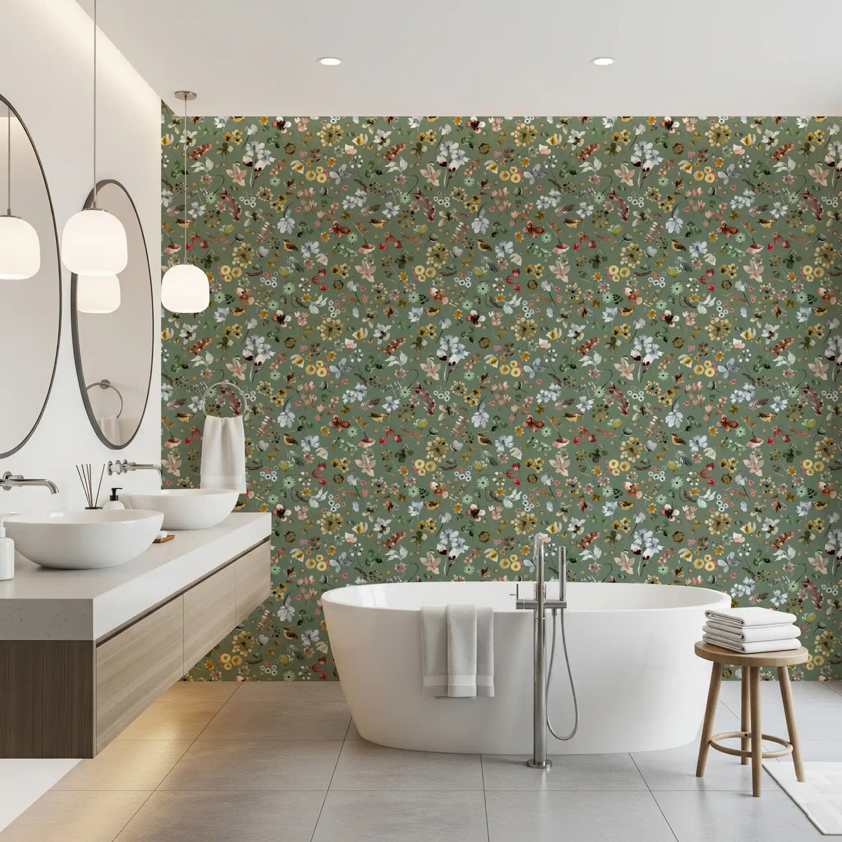 A bathroom feels calm with the Earthy Woodland Watercolor Jade Green Wallpaper