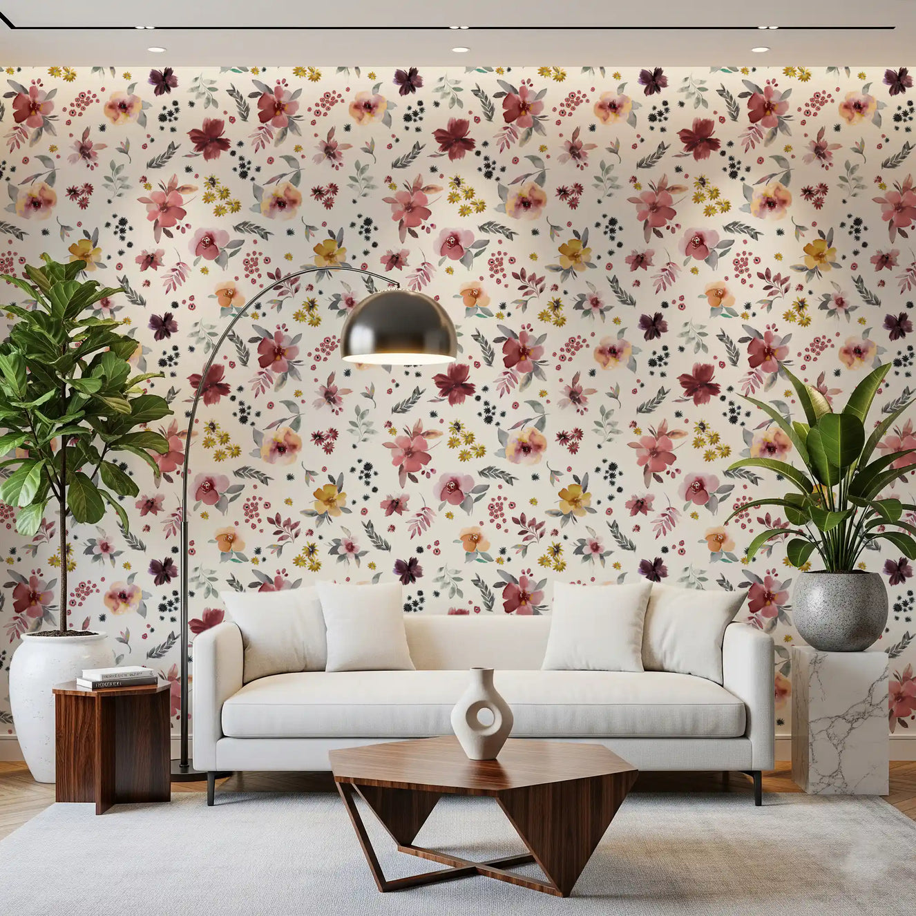 Living room set against the Soft Floral Countryside wallpaper in pastel blooms.