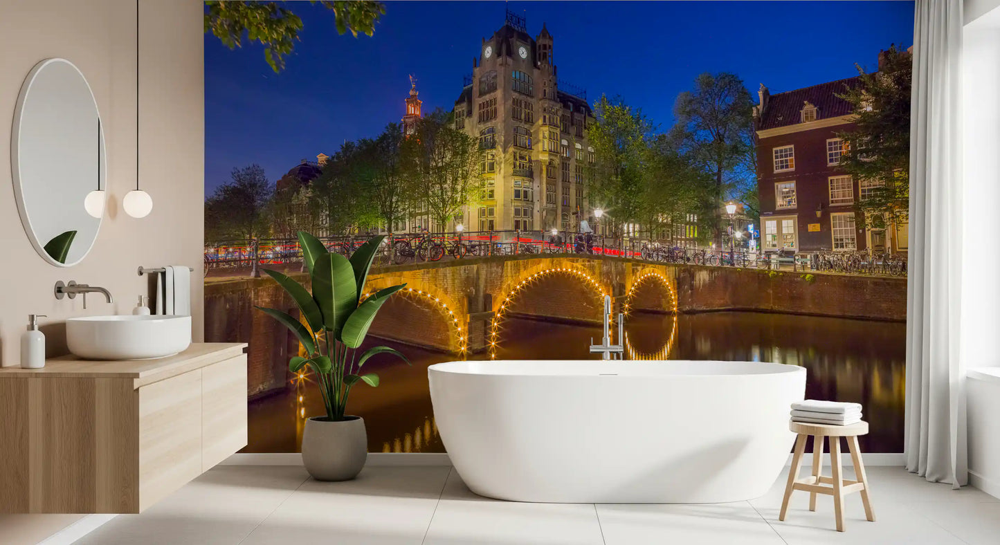 Canal through Amsterdam city Wall Mural