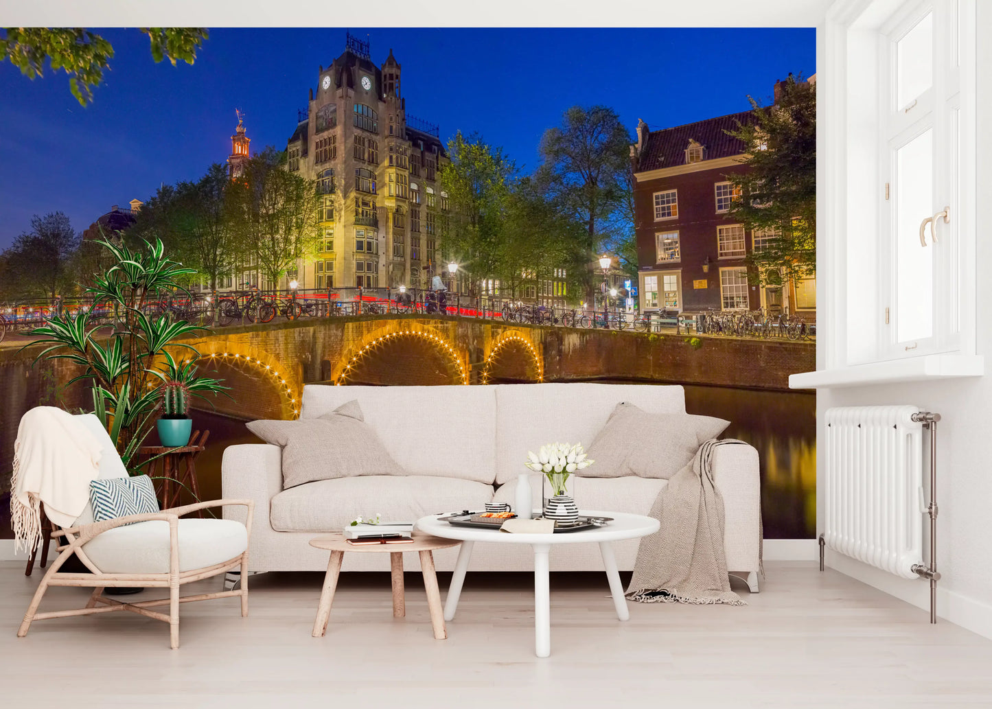 Canal through Amsterdam city Wall Mural