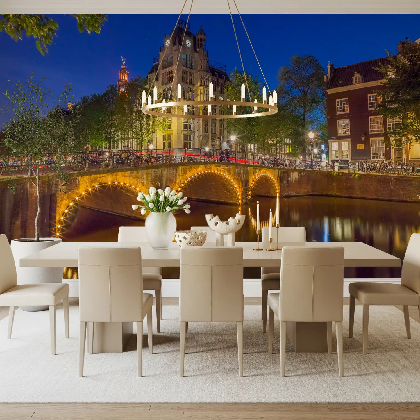 Canal through Amsterdam city Wall Mural