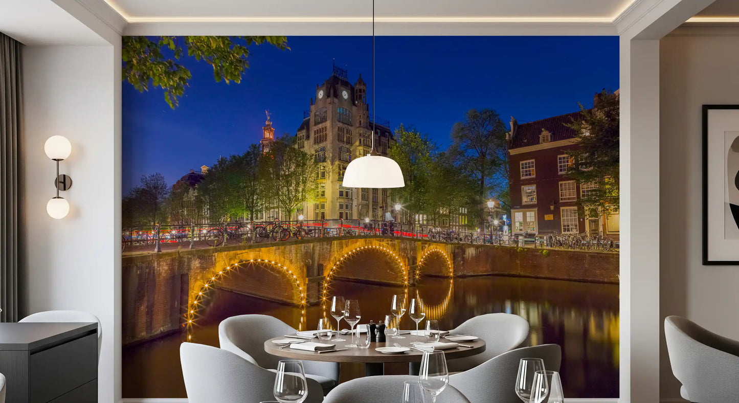 Canal through Amsterdam city Wall Mural