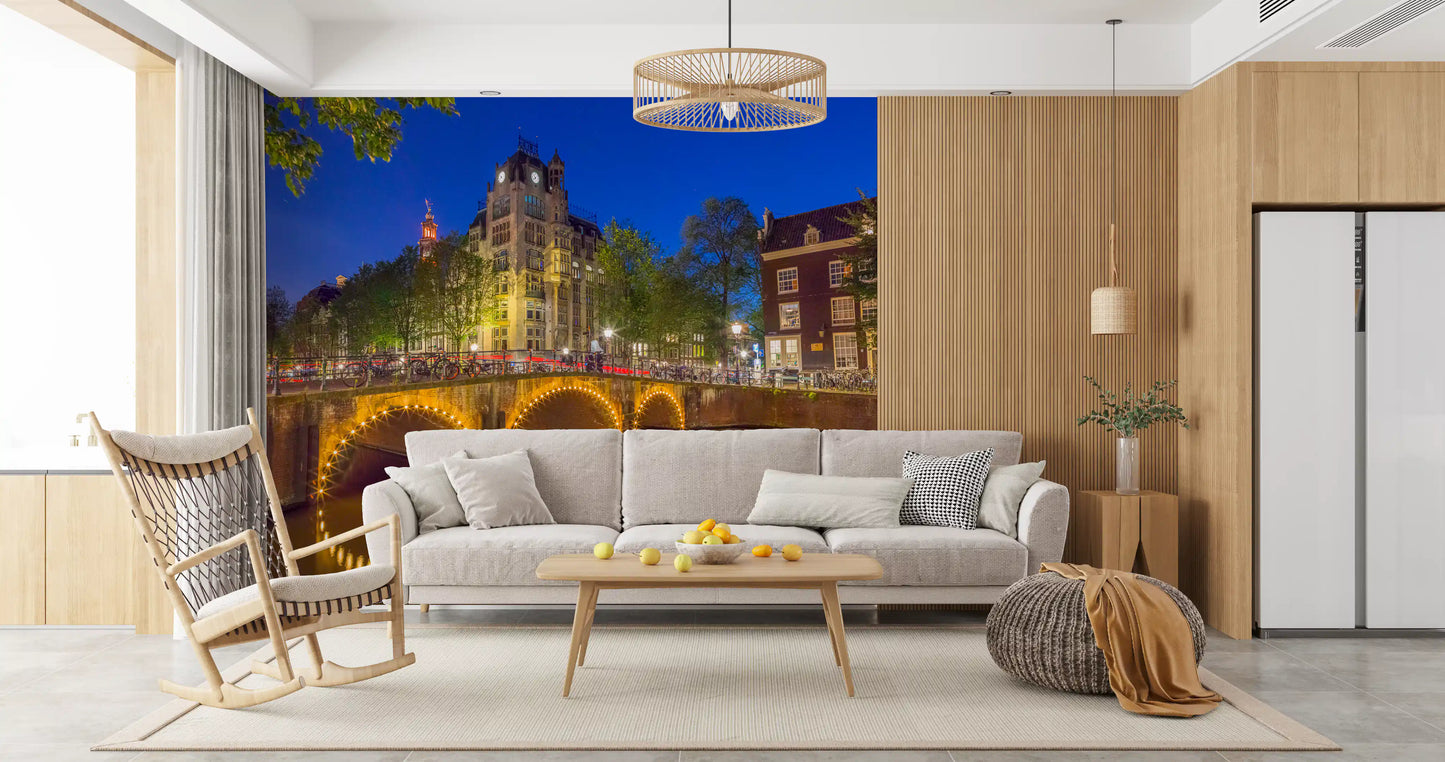 Canal through Amsterdam city Wall Mural