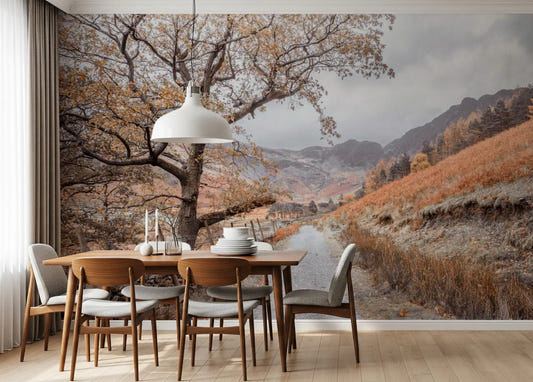 Golden valley wall mural with winding trail and rolling hills