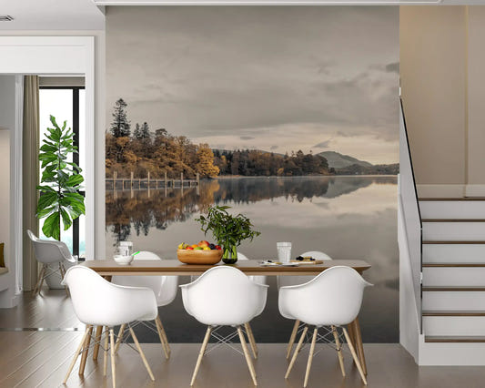 olden lakeside wall mural with reflective water and trees
