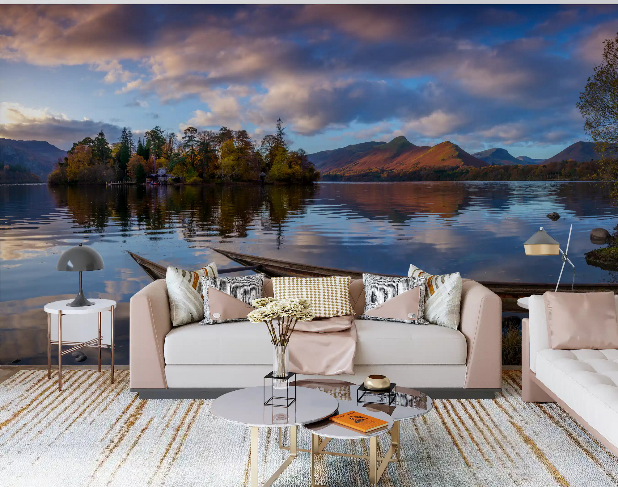Lakeside reflection wall mural with golden autumn woodland