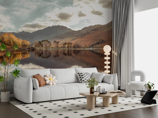 Golden foliage wall mural mirrored across a peaceful lake