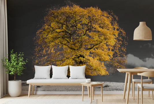 Golden solitude wall mural with lone tree and lake reflection
