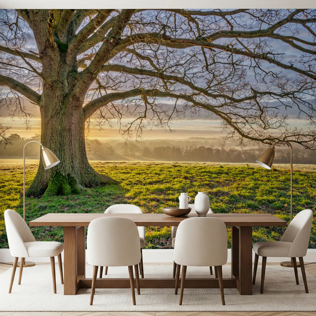Golden oak tree wall mural with misty hills at sunrise