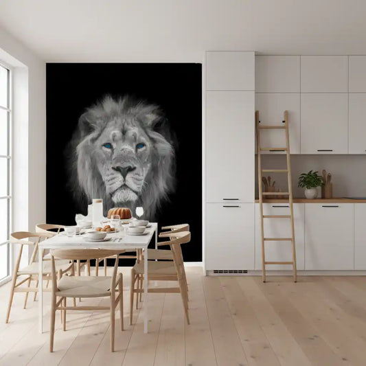 Majestic lion wall mural featuring striking blue eye detail