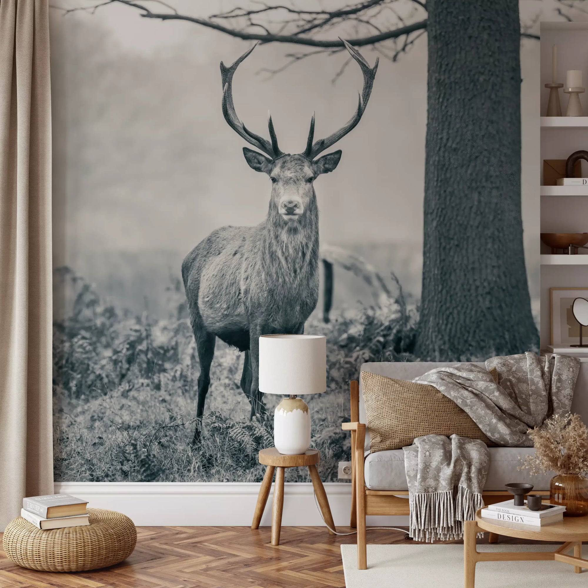 Woodland deer wall mural with forest trees and soft foliage