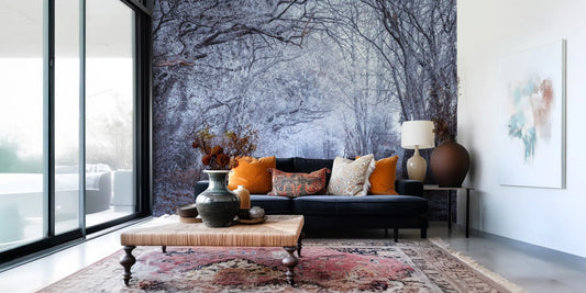 A snowy woodland tunnel fills the Living room in Winter's Enchanted Way Wall Mural.