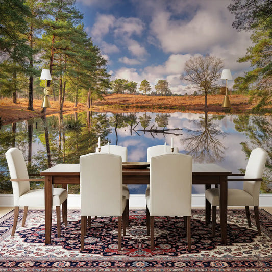 Pond mirror imagery covers a dining room in the Serene Woodland Reflection wall mural
