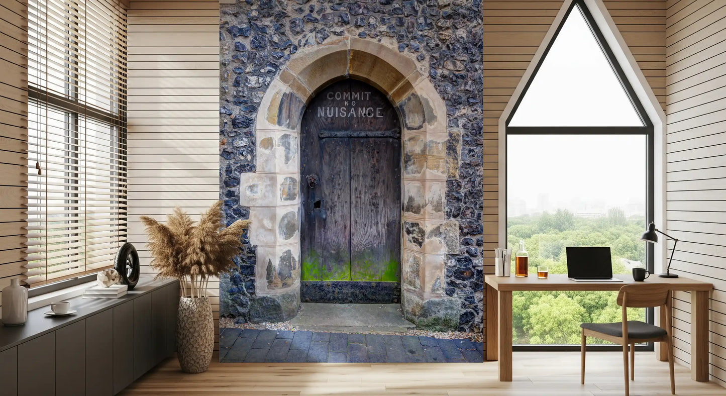 Historic building wall mural with classic arched passage design
