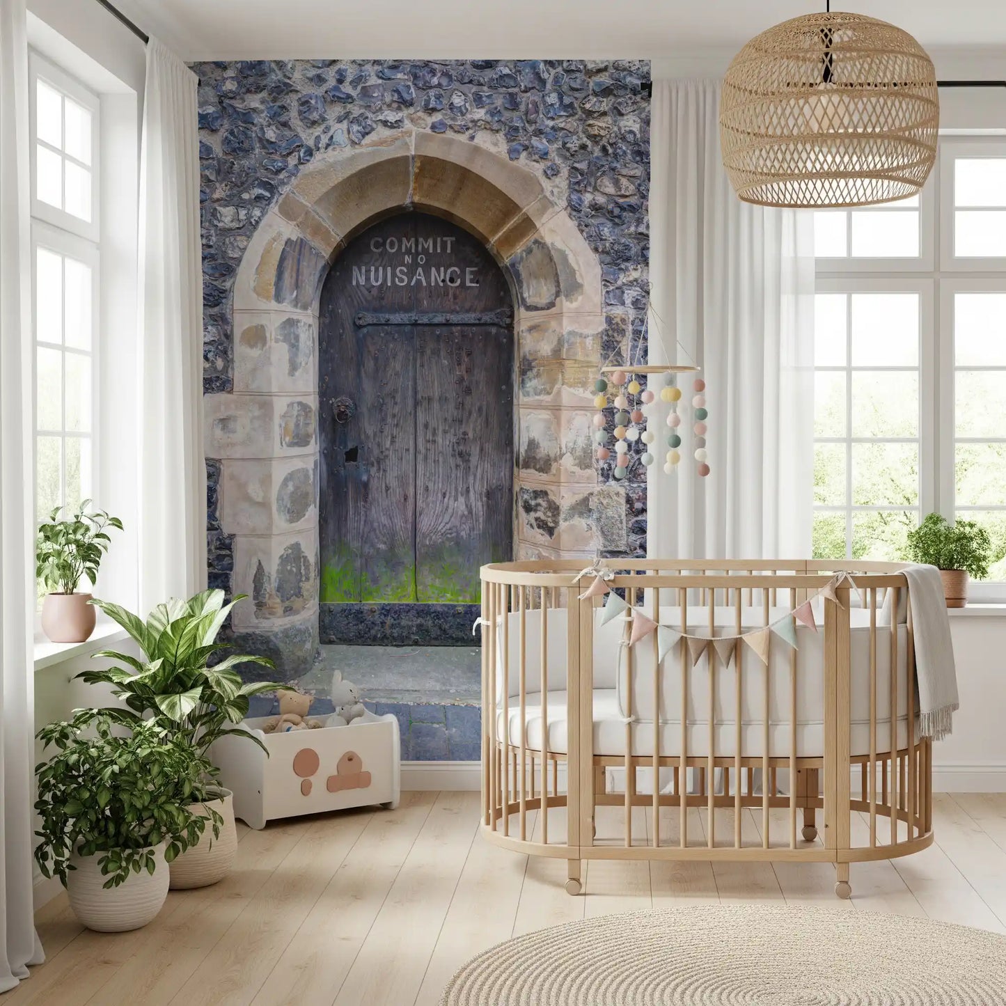 Architectural wall mural showcasing a historic urban entrance