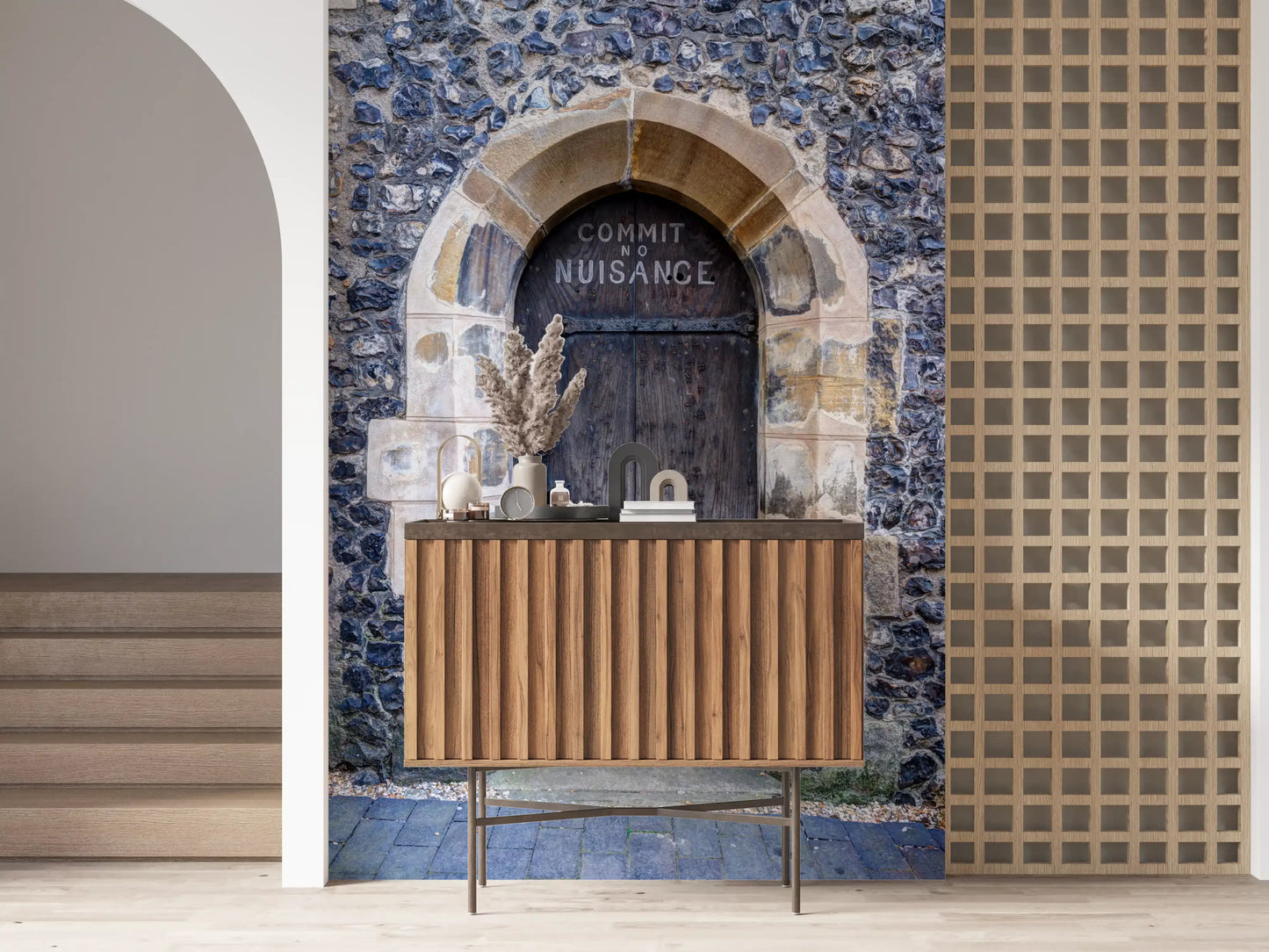 Vintage city wall mural with detailed stonework and archway