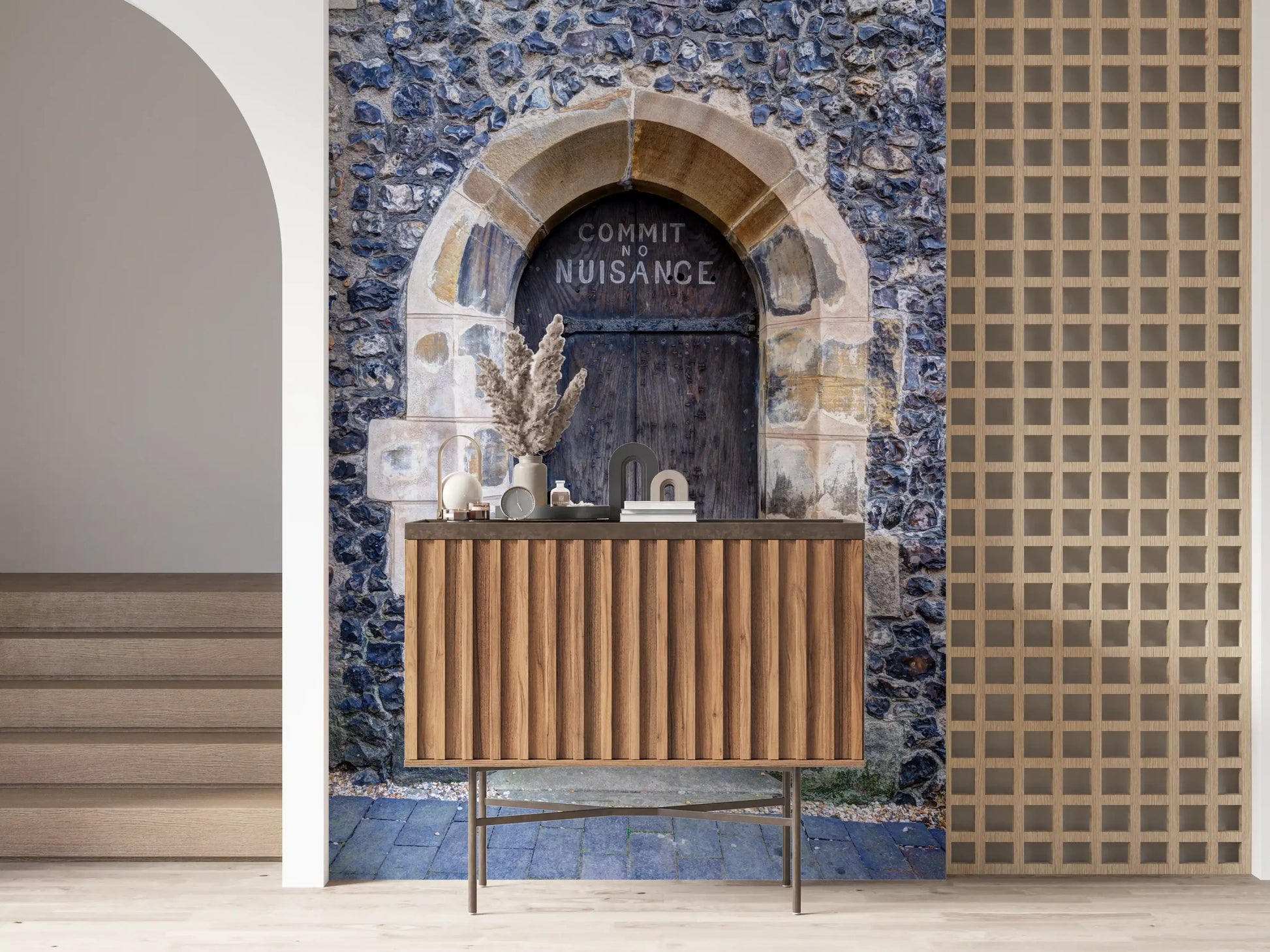 Vintage city wall mural with detailed stonework and archway