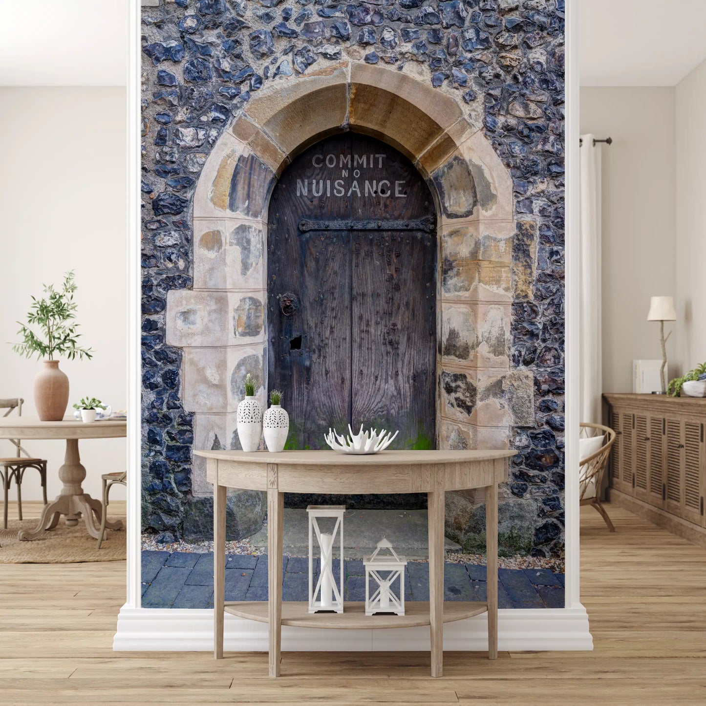 Architectural wall mural with weathered stone arch details