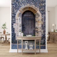 Architectural wall mural with weathered stone arch details