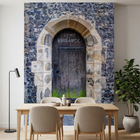 Urban architecture wall mural featuring weathered stone textures