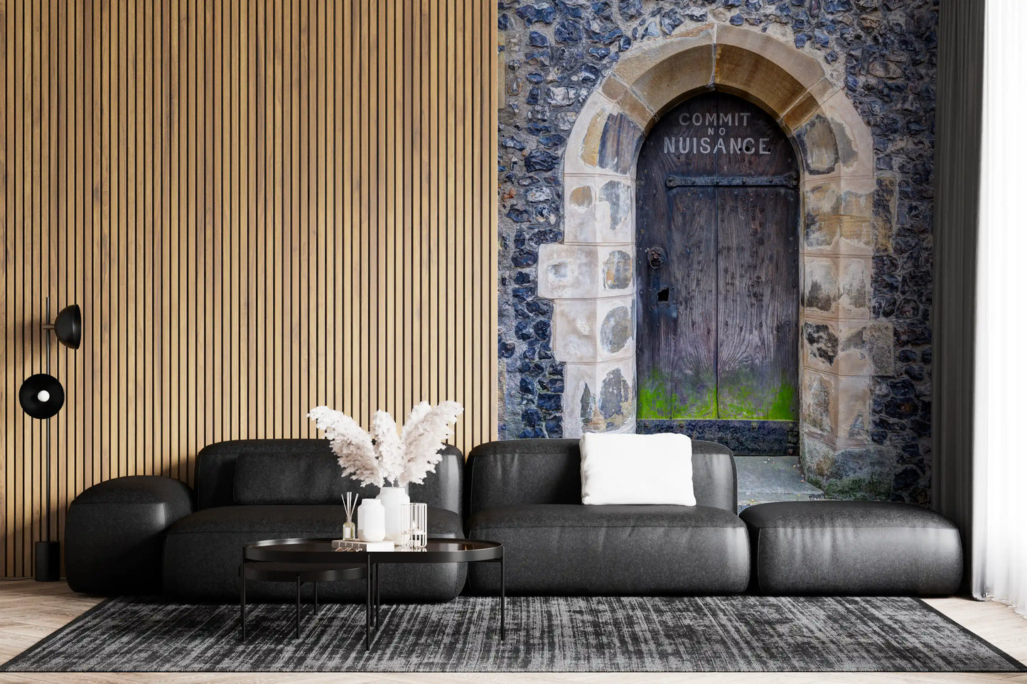 Historic passageway wall mural with textured stone surfaces