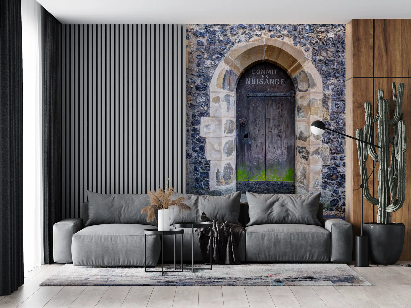 Arched entry wall mural featuring traditional city architecture