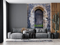 Arched entry wall mural featuring traditional city architecture