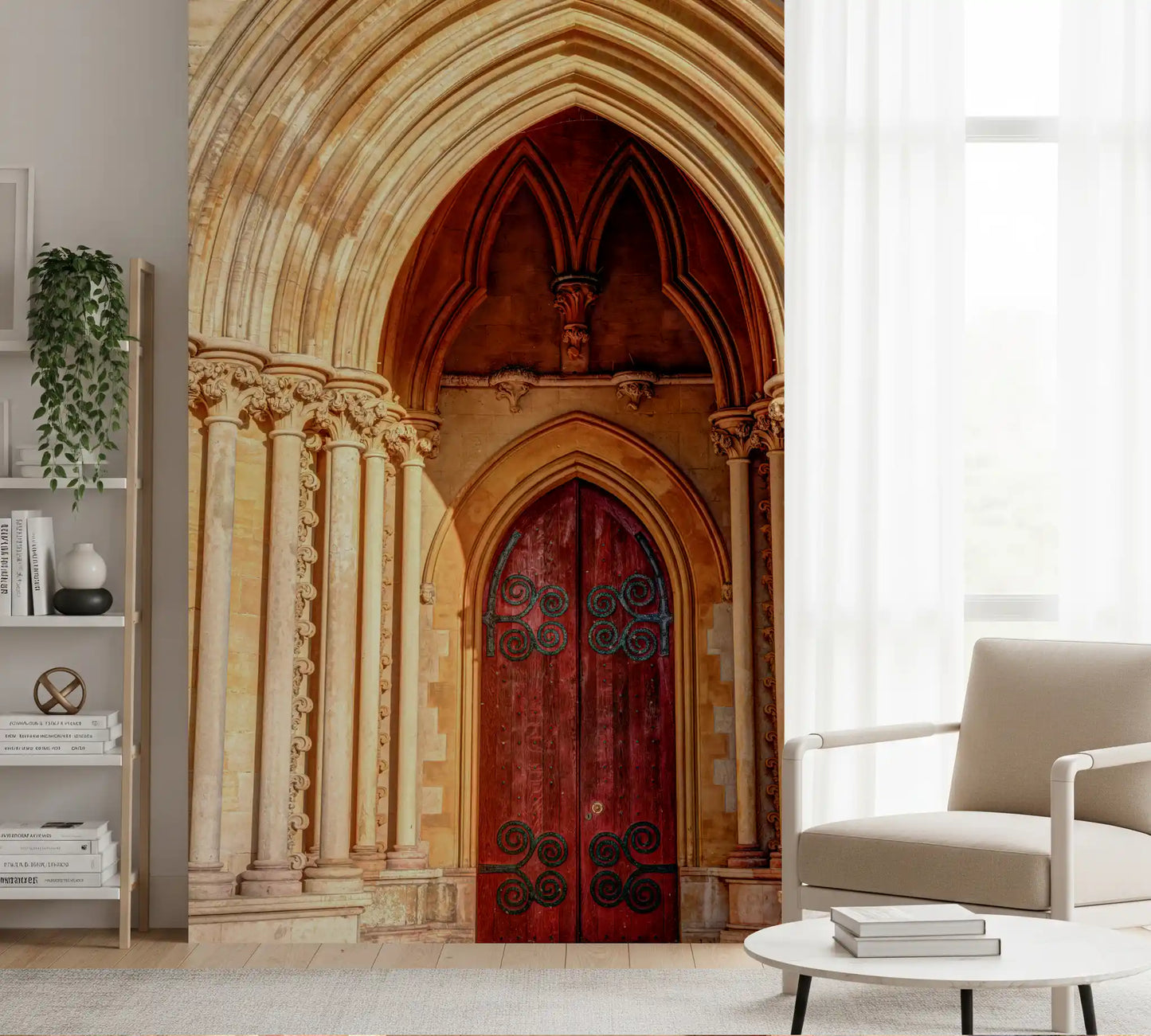Historic building wall mural with grand entryway design
