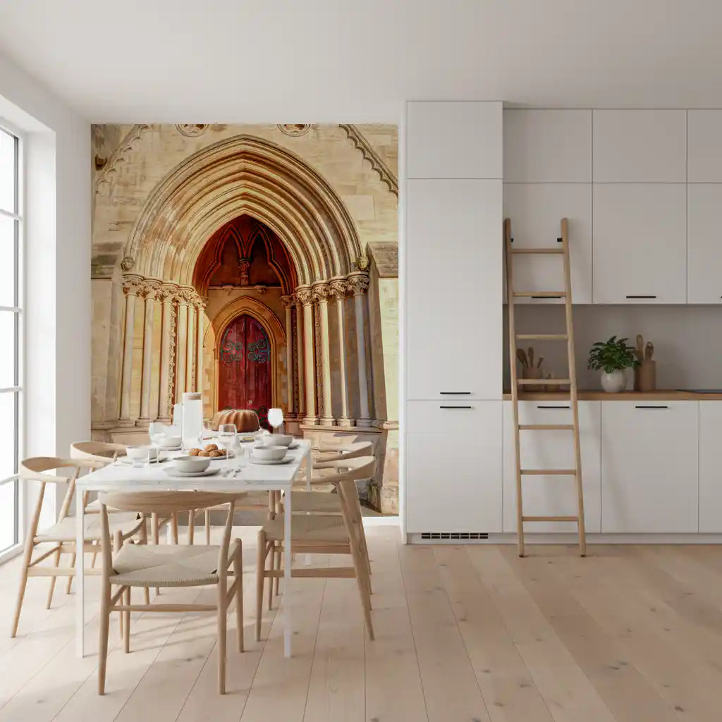 Historic entryway wall mural featuring grand Gothic arches