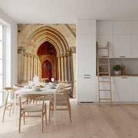 Historic entryway wall mural featuring grand Gothic arches