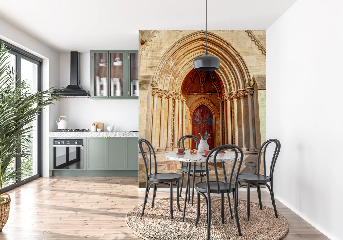Architectural wall mural with ornate stonework and arches