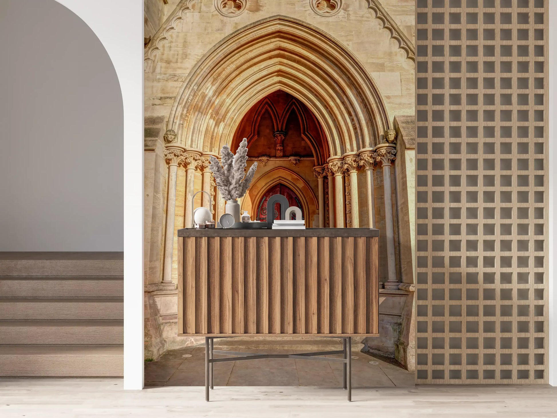 Gothic interior wall mural with textured stone arches