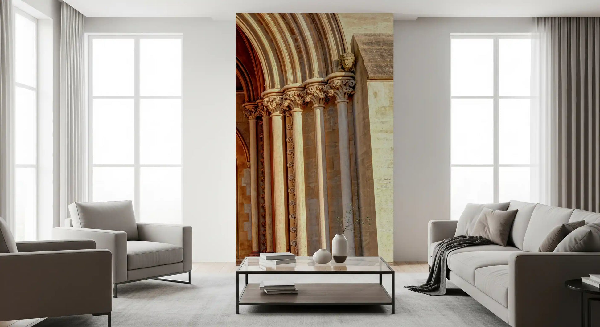 Gothic entrance wall mural with layered architectural textures