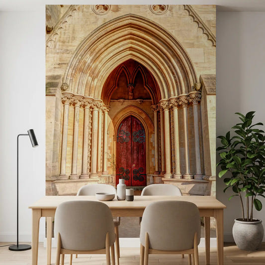 Gothic archway wall mural with detailed stone architecture
