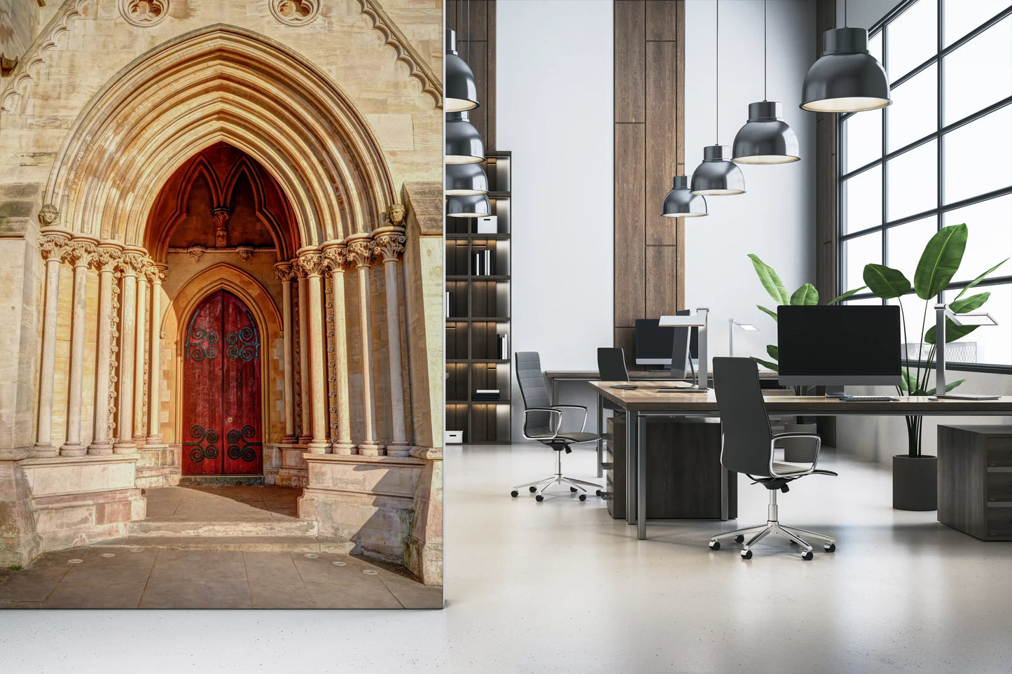 Architectural wall mural featuring vaulted Gothic passageways
