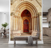 Historic stone wall mural with elegant archway details