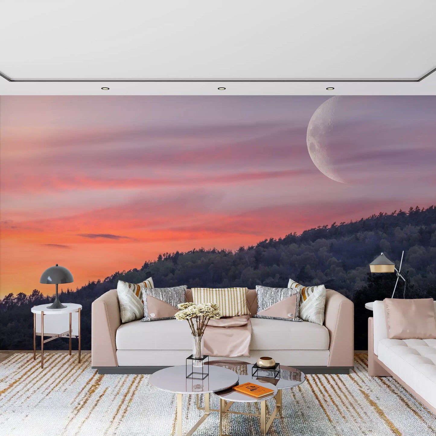 Night landscape wall mural featuring a crescent moon and trees