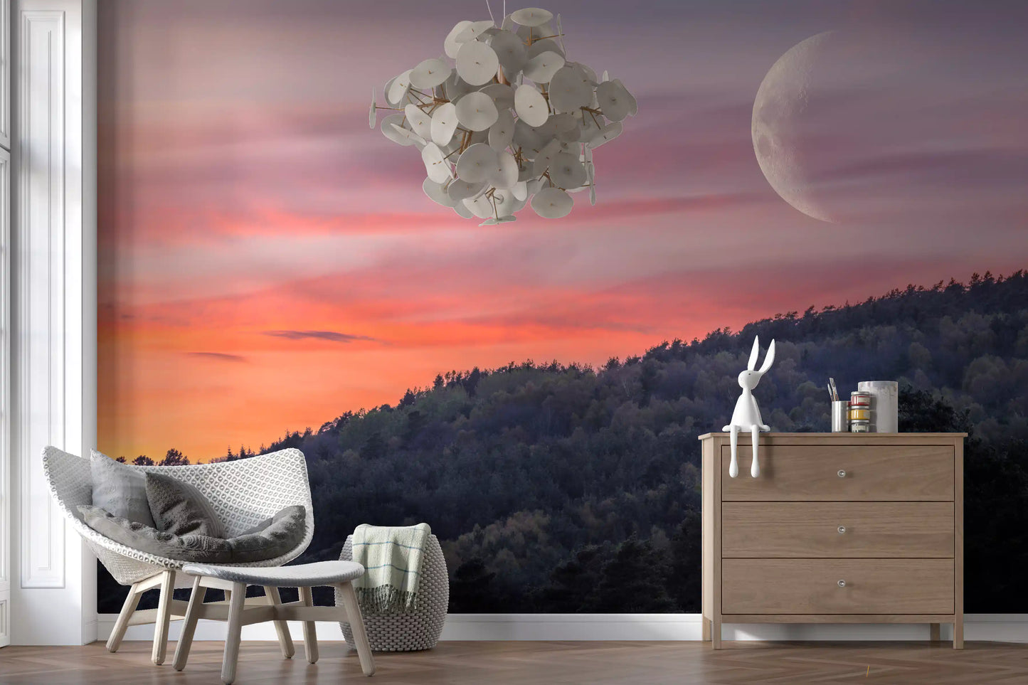 Celestial wall mural with crescent moon and woodland trees