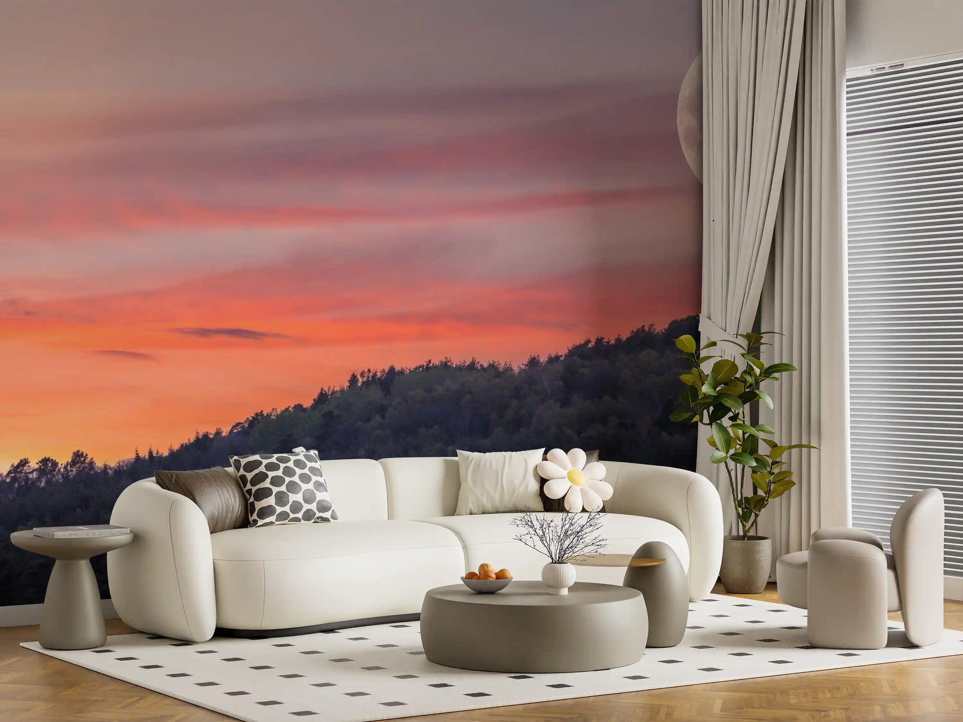 Twilight woodland wall mural featuring a bright crescent moon