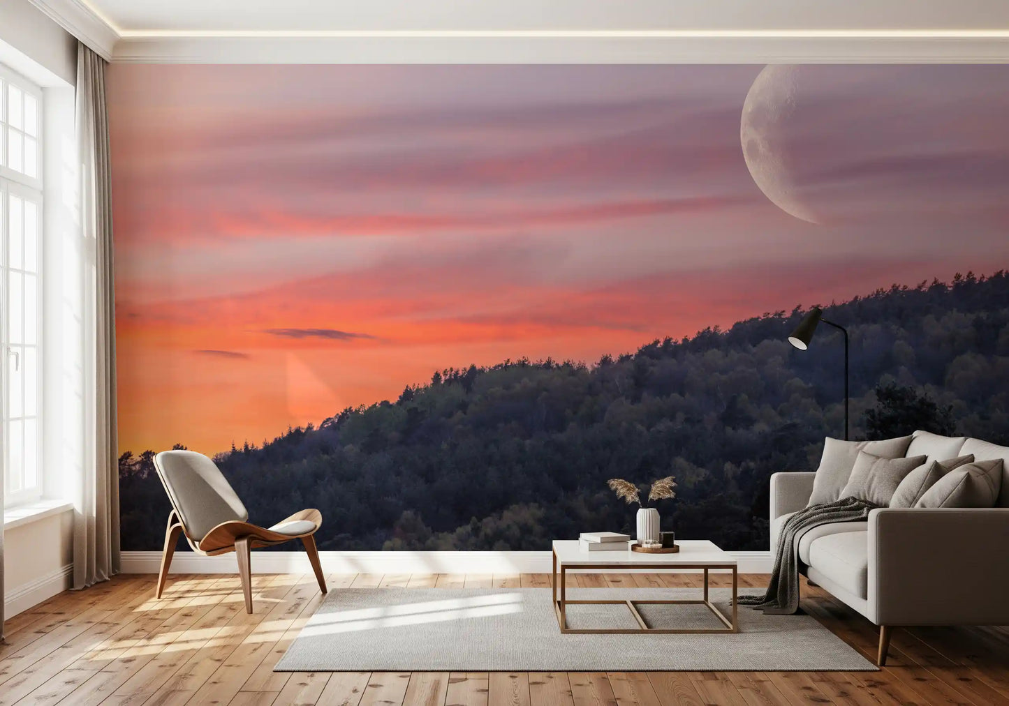 Twilight sky wall mural with moonlight and forest outlines