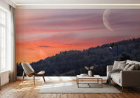 Twilight sky wall mural with moonlight and forest outlines