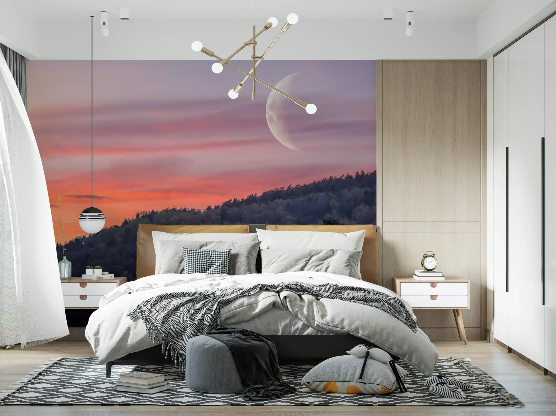Night forest wall mural with glowing moon and tree silhouettes