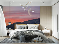 Night forest wall mural with glowing moon and tree silhouettes